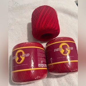 South Maid Cotton Mercerized Color 494 red 350 Yarn Crochet Lot Of 3